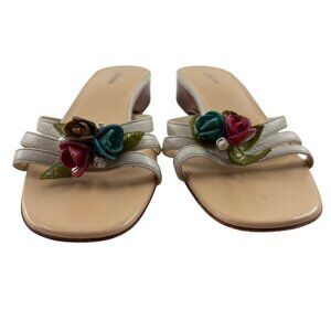 Brighton Womens Floral Sandals Size 7 Slip-On Beige Leather & Multi-Color Flower